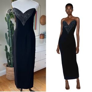 Oleg Cassini Black Tie Vintage 90s Black Velvet Beaded Strapless Evening Dress